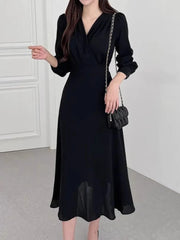 Fashion Long Sleeve V-neck Dress Casual Solid Color High Waist Clothes Streetwear