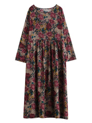 Cotton Vintage Long Sleeve Red Print Dresses Fashion Clothing