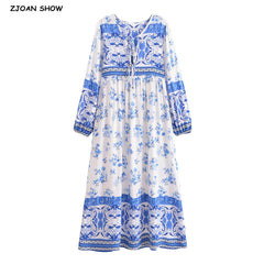 BOHO Totem Print Bow Lacing up Neck Long Straight Dress