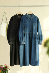 Dresses Single Breasted Turn Down Collar Denim Dress Solid Pockets