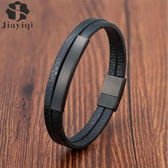 Simple Style Men's Black Genuine Leather Bracelet Classic Bangles