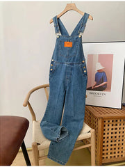 Retro Blue Jeans Suspender Trousers Casual Loose High Waist Denim Pants