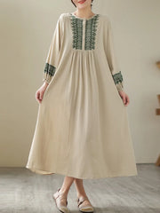 Cotton Long Vintage Style Embroidery Casual Dress