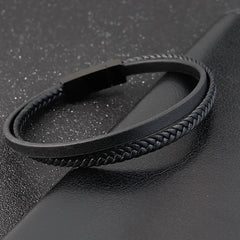 Simple Style Men's Black Genuine Leather Bracelet Classic Bangles