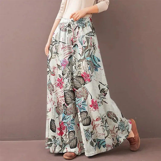 Women Floral Print Wide Leg Pants Fashion Drawstring Bohemia Trousers