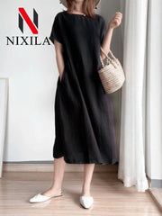 Elegant Casual Loose Short Sleeve Tops A-LINE Oversize Solid Midi Dresses