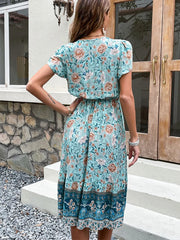 Floral Print Boho Midi Dress Short Petal Sleeve Outfits