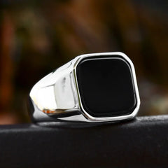 Retro Flat Square Black Glass Onyx Ring For Men Classic Style