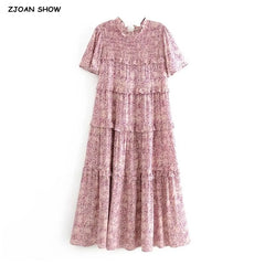 BOHO Paisley Flower Print Midi Dress Hippie Ruffles Robe