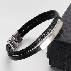 Simple Style Men's Black Genuine Leather Bracelet Classic Bangles