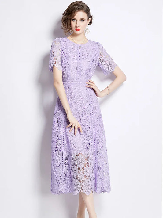 Vintage Lace Hollow Out Prom Short Sleeve Long Dress Clothing