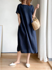 Elegant Casual Loose Short Sleeve Tops A-LINE Oversize Solid Midi Dresses
