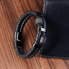 Irregular Beads Men Fashion Stainless Steel Leather Bracelet Classic