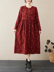 Long Sleeve Cotton Linen Vintage Floral Print Dresses
