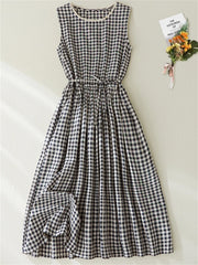 Cotton Linen Plaid Vintage Casual Fashion Dress Clothing
