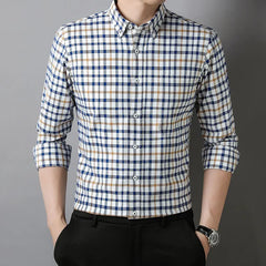 Men's Cotton Striped Checkered Long Sleeve Oxford Shirt