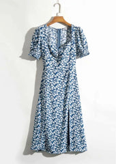 White Floral Print Hem Slit Midi Dress Retro French style Square Collar