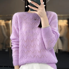 Women's Clothing Sweater Knitted Hollow Top O-Neck Pullover