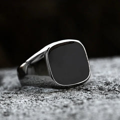 Retro Flat Square Black Glass Onyx Ring For Men Classic Style