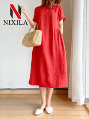 Elegant Casual Loose Short Sleeve Tops A-LINE Oversize Solid Midi Dresses