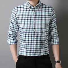 Men's Cotton Striped Checkered Long Sleeve Oxford Shirt