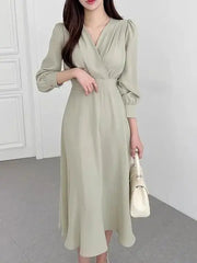 Fashion Long Sleeve V-neck Dress Casual Solid Color High Waist Clothes Streetwear