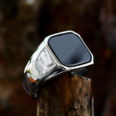 Retro Flat Square Black Glass Onyx Ring For Men Classic Style