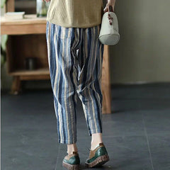Vintage Striped Print Cotton Linen Ankle Length Harem Pants