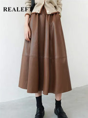 Black PU Leather Women's Long Skirts Pockets