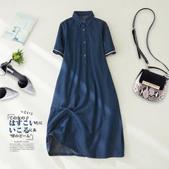 Women's Blue Denim Dress Fashion Short Sleeve Vintage Mid-long
