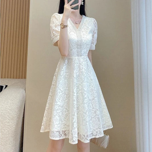 V-neck Elegant Fashion Beading Waist A-line Lace Dress W