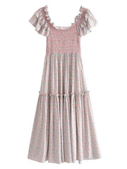 BOHO Spliced Wood ears Ruffles Sleeve Floral Print Midi Dress Hippie