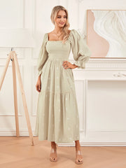 Embroidery Flower A-Line Dress Women's Puff Long Sleeve Square Neck