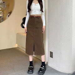 Long Fashion with Belt High Waist Split Straight Skirt All-Match