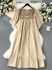 Women Casual Retro Embroidered Loose Long Dresses