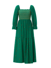 Embroidery Flower A-Line Dress Women's Puff Long Sleeve Square Neck