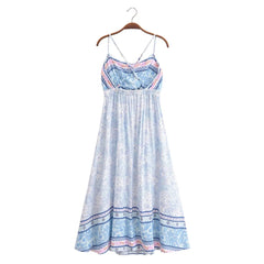 BOHO Contrast Color Blue White Floral Print Backless Sling Dress