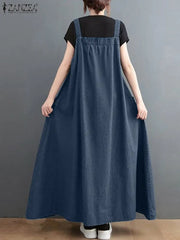 Elegant Overalls Dress Oversized Sundress Vintage Straps Solid A-line Denim