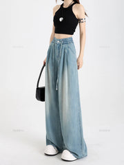 Lyocell Fabric Woman Jeans Loose Wide Leg Elastic Waist Pants Fashion
