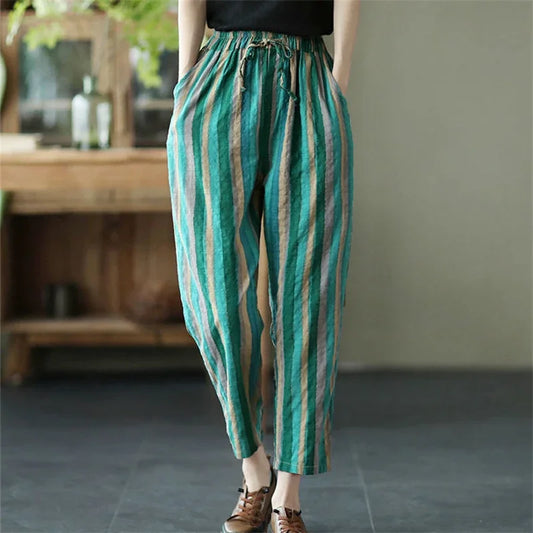 Vintage Striped Print Cotton Linen Ankle Length Harem Pants