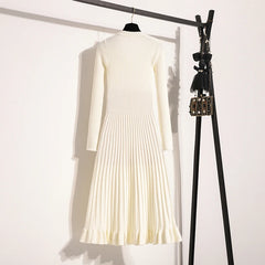 Solid Knitted Sweater Long Dresses Office V Neck Long Sleeve High Waist