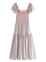 BOHO Spliced Wood ears Ruffles Sleeve Floral Print Midi Dress Hippie