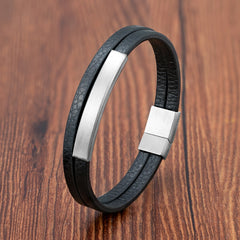 Simple Style Men's Black Genuine Leather Bracelet Classic Bangles