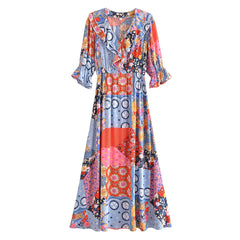 BOHO Contrast Color Flower Print Maxi Long Dress Hippie Ruffles