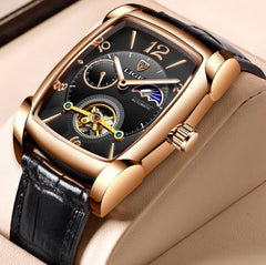 Mens Watches Square Automatic Watch for Men Genuine Leather