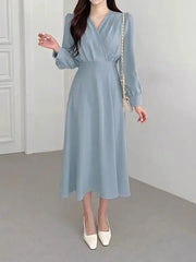 Fashion Long Sleeve V-neck Dress Casual Solid Color High Waist Clothes Streetwear