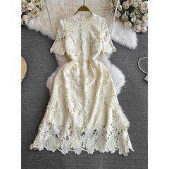 Flower Embroidery Evening Prom White Lace Dress