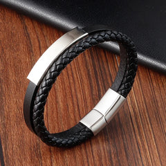 Simple Style Men's Black Genuine Leather Bracelet Classic Bangles