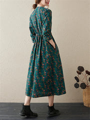 Long Sleeve Cotton Linen Vintage Floral Print Dresses