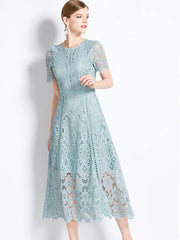 Vintage Lace Hollow Out Prom Short Sleeve Long Dress Clothing